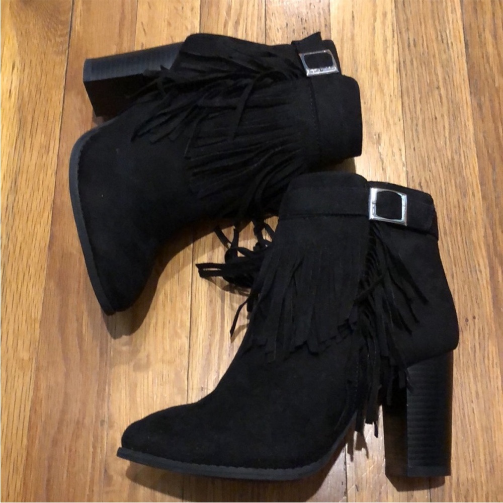 Fringe Black Ankle Boots Chunky heel size 8